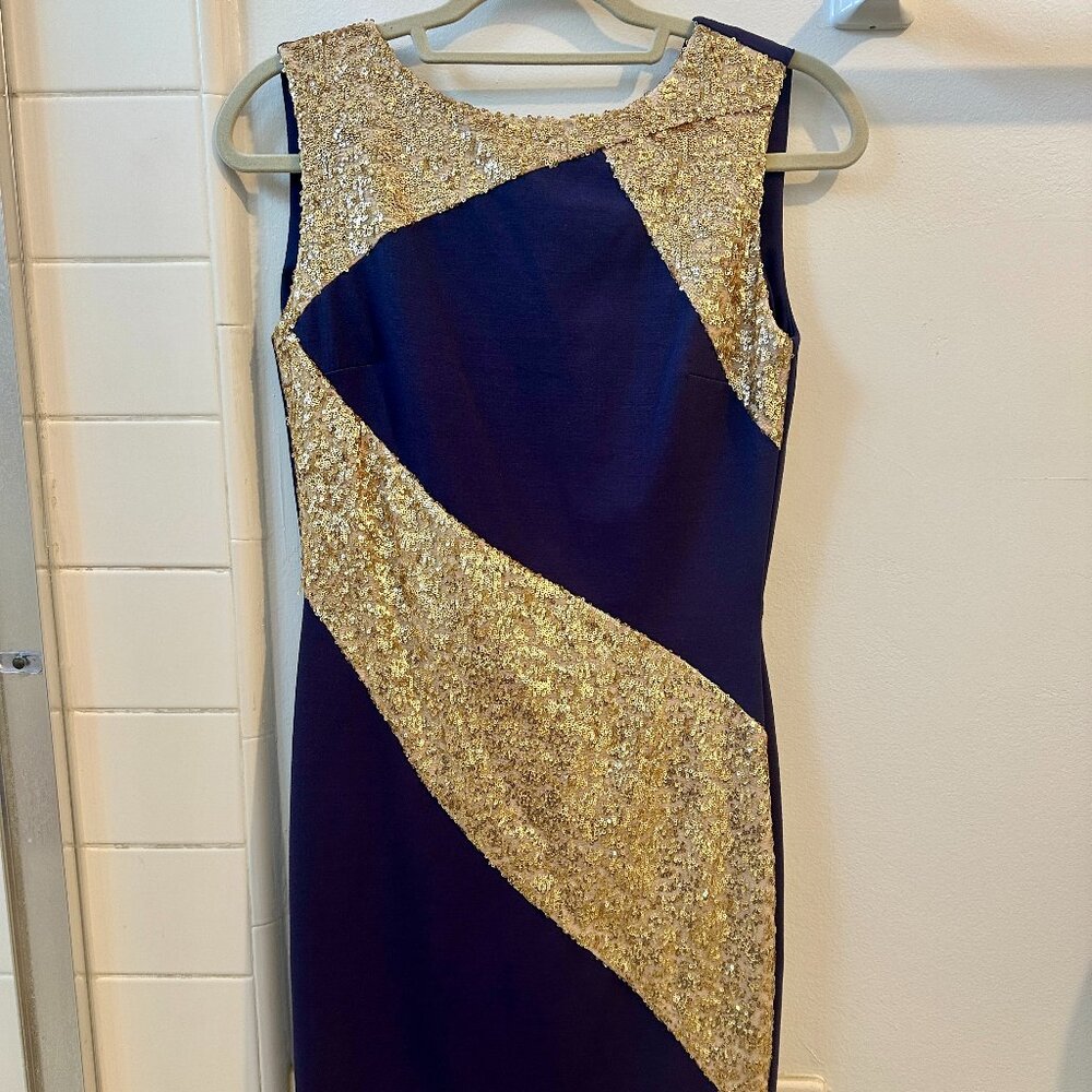 NEVER WORN - Erin Fetherston Melody Dress, Gold Sequin w/ Navy Ponti Combo